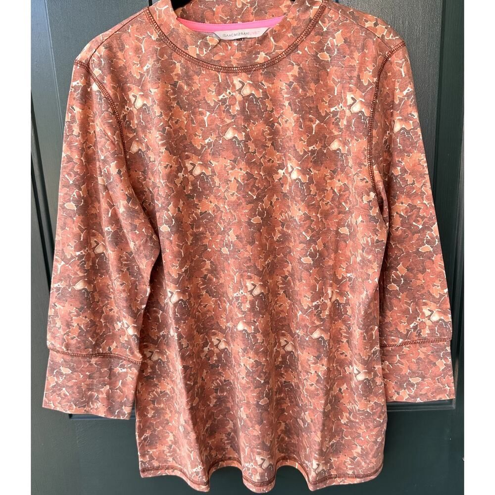 NEW Isaac Mizrahi Live! QVC Soho Printed 3/4 Sleeve Top Sz M Brown Floral Soft
